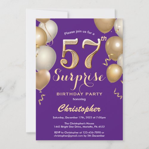 Surprise 57th Birthday Purple and Gold Balloons Invitation