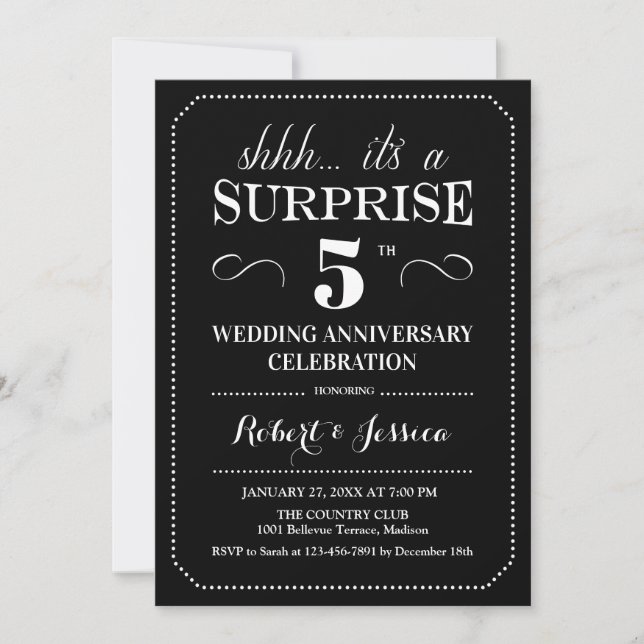 Surprise 5th Wedding Anniversary - Black White Invitation (Front)