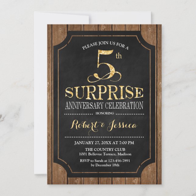 Surprise 5th Wedding Anniversary - Black Wood Gold Invitation (Front)