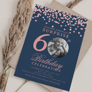 SURPRISE 60 Birthday Rose Gold Confetti Navy Blue Invitation