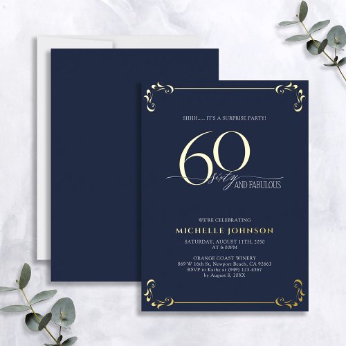 Surprise 60  Fabulous Blue  Gold Birthday Foil Invitation