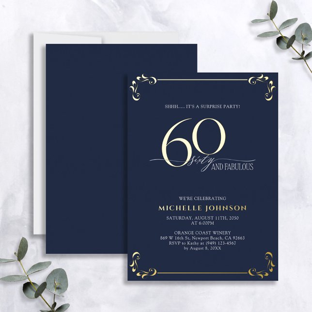 Surprise 60 & Fabulous Blue & Gold Birthday Foil Invitation (Creator Uploaded)