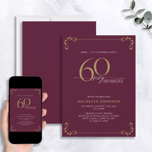 Surprise 60  Fabulous Burgundy  Gold Birthday Invitation