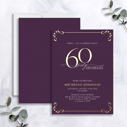 Surprise 60  Fabulous Purple  Gold Birthday Foil Foil Invitation