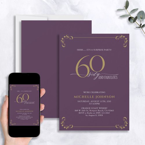 Surprise 60  Fabulous Purple  Gold Birthday Invitation