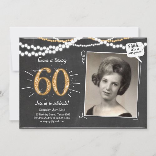 Surprise 60 Sixty Gold glitter Birthday Invitation