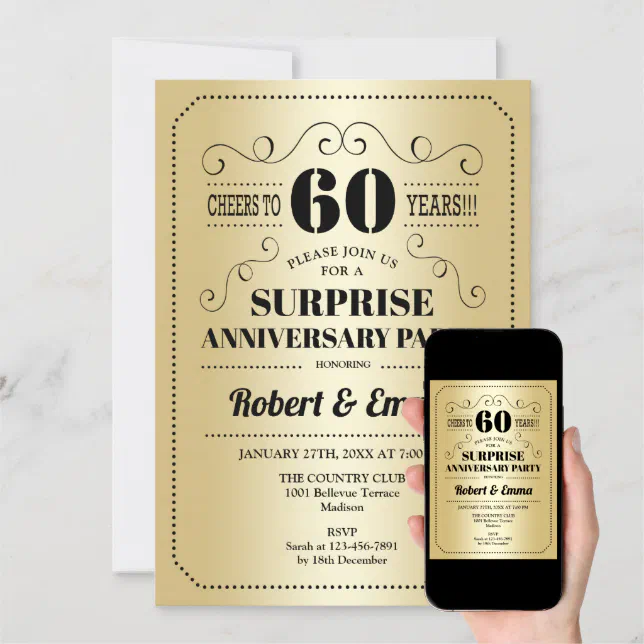 Surprise 60th Anniversary Party - Gold Black Invitation | Zazzle