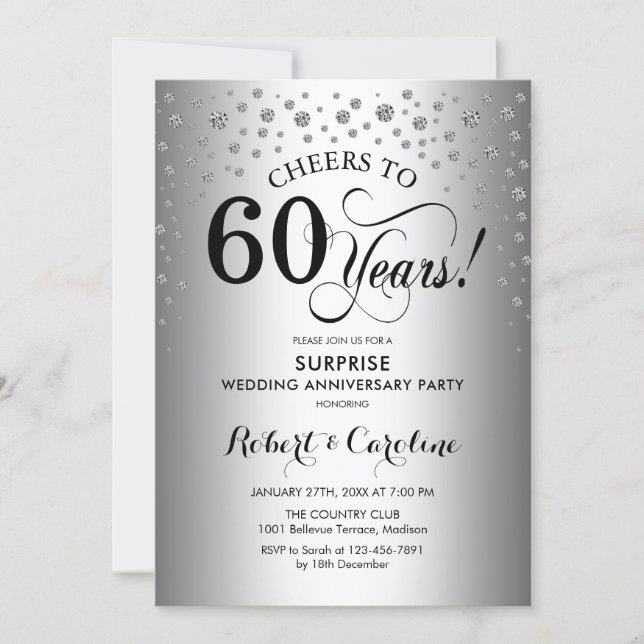 Surprise 60th Anniversary Party - Silver Black Invitation (Front)
