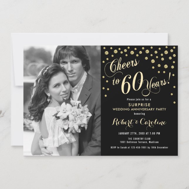 Surprise 60th Anniversary with Photo - Gold Black Invitation (Front)