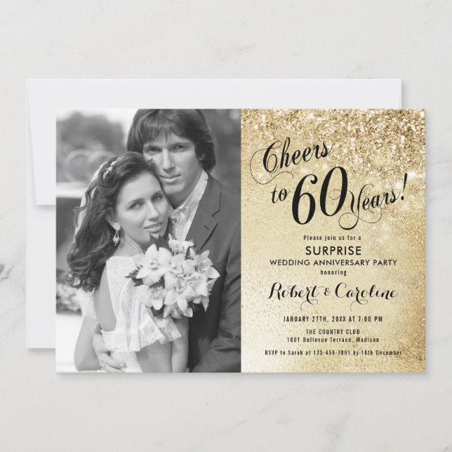 Surprise 60th Anniversary with Photo - Gold Invitation (Front)