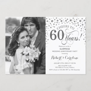 Surprise 60th Anniversary with Photo White Silver Invitation