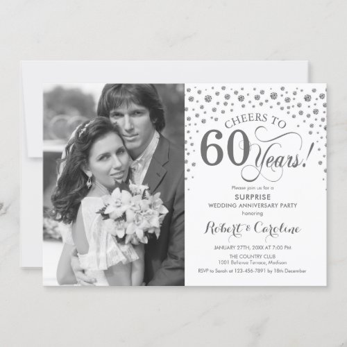 Surprise 60th Anniversary with Photo White Silver Invitation