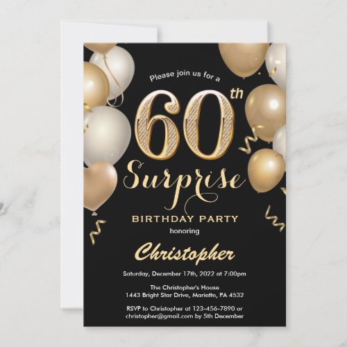 Surprise 60th Birthday Black and Gold Balloons Invitation