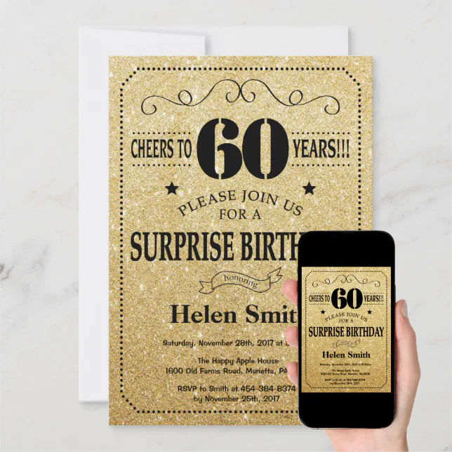 Surprise 60th Birthday Black and Gold Glitter Invitation | Zazzle