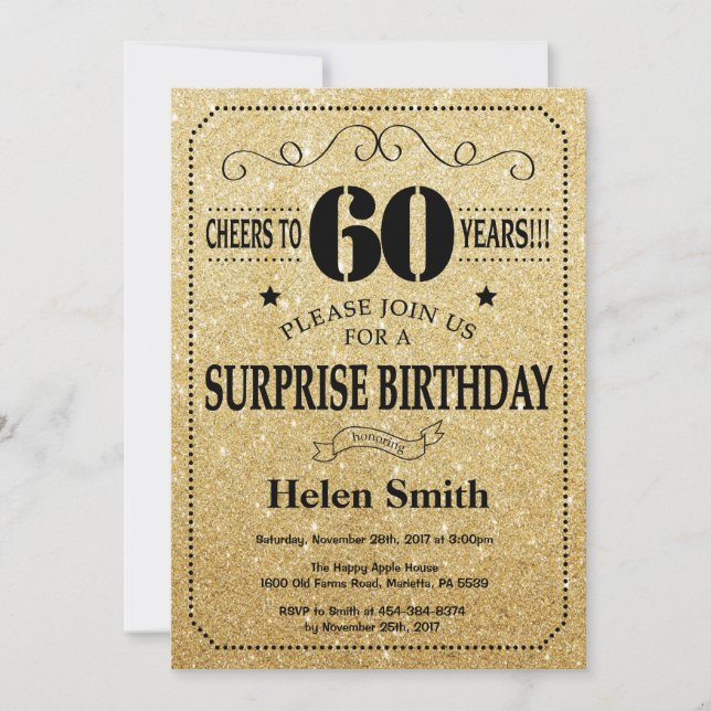 Surprise 60th Birthday Black and Gold Glitter Invitation (Front)