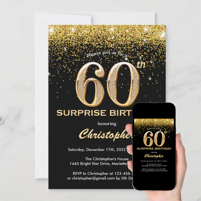 Surprise 60th Birthday Black and Gold Glitter Invitation | Zazzle