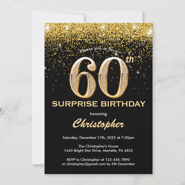 Surprise 60th Birthday Black and Gold Glitter Invitation | Zazzle