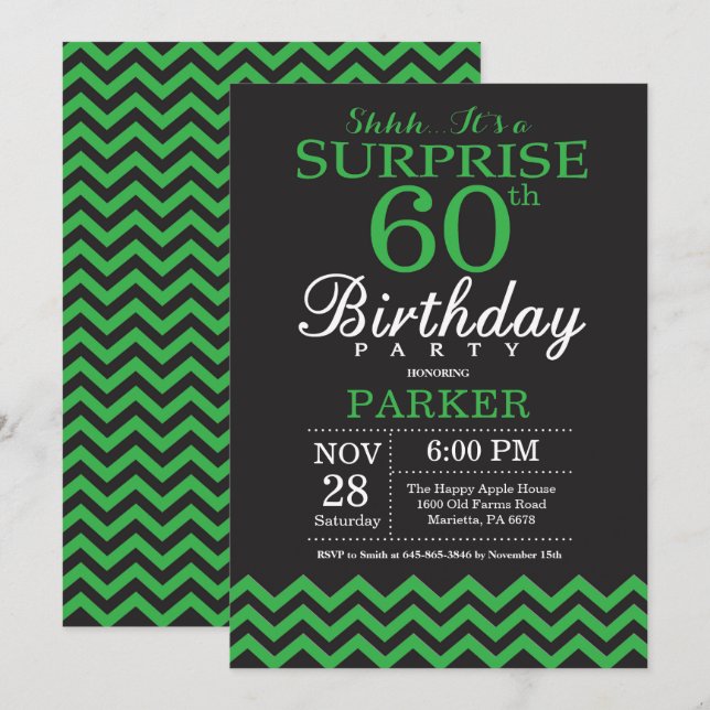 Surprise 60th Birthday Black and Green Chevron Invitation (Front/Back)