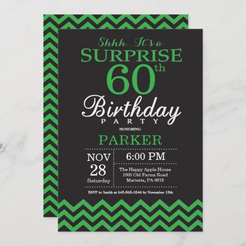 Surprise 60th Birthday Black and Green Chevron Invitation