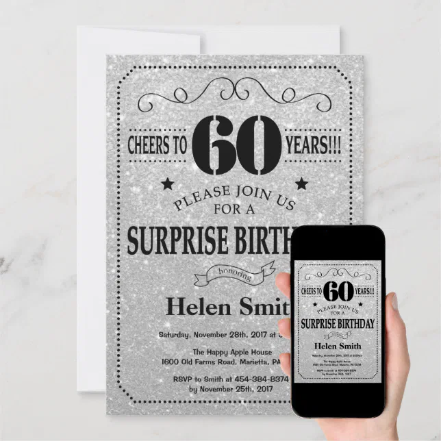 Surprise 60th Birthday Black and Silver Glitter Invitation | Zazzle