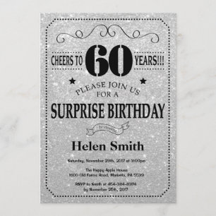 Surprise 60th Birthday Black and Silver Glitter Invitation
