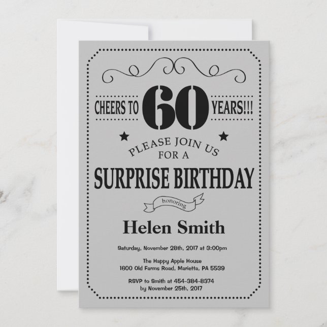 Surprise 60th Birthday Black and Silver Gray Invitation (Front)