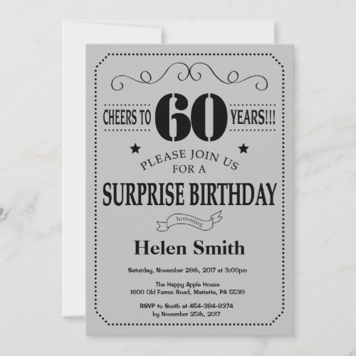Surprise 60th Birthday Black and Silver Gray Invitation
