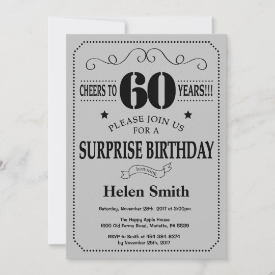 Surprise 60th Birthday Black and Silver Gray Invitation | Zazzle.com