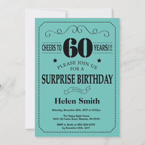 Surprise 60th Birthday Black and Teal Invitation