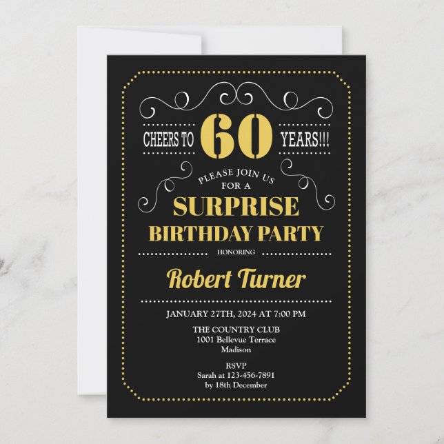 Surprise 60th Birthday - Black Gold Invitation (Front)