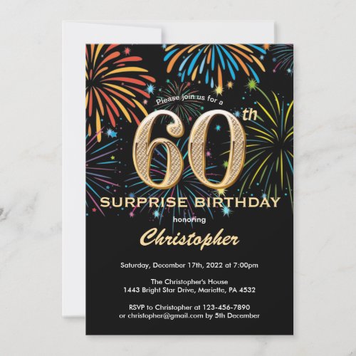 Surprise 60th Birthday Black Gold Rainbow Firework Invitation