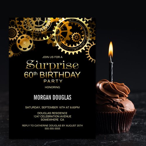 Surprise 60th Birthday Black Gold Steampunk Invitation