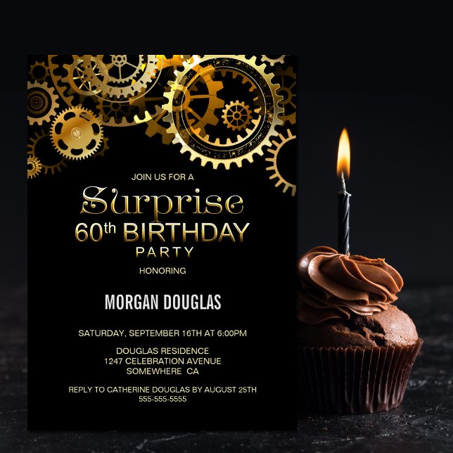 Surprise 60th Birthday Black Gold Steampunk Invitation (Creator Uploaded)