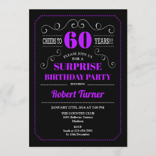 Surprise 60th Birthday - Black Purple Invitation