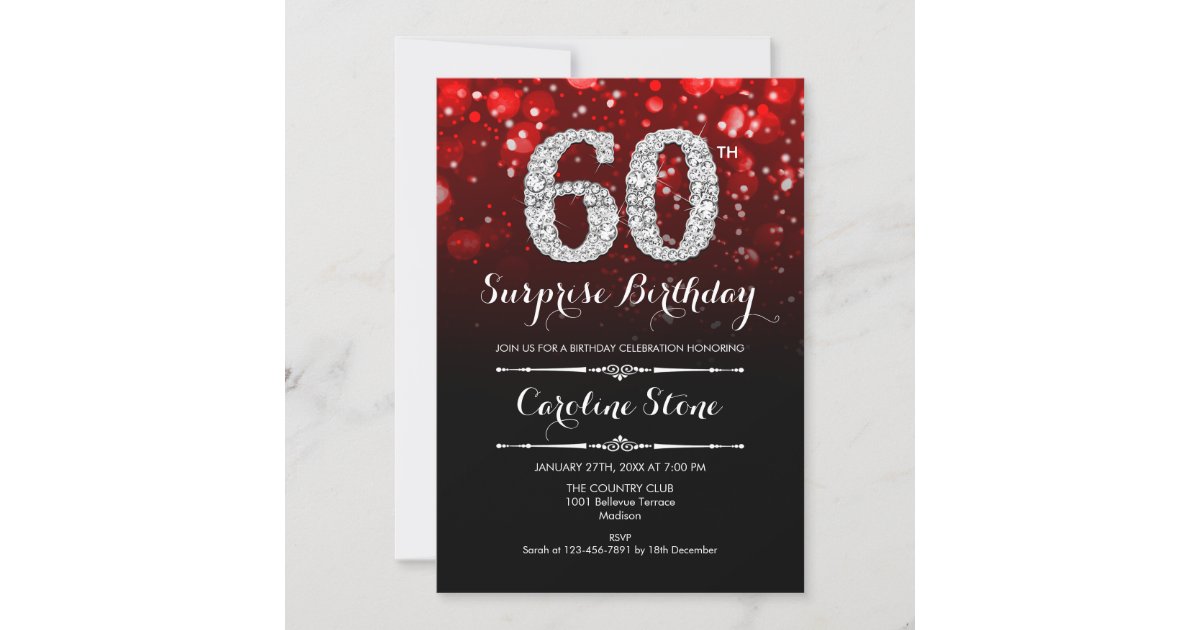 Surprise 60th Birthday - Black Red Silver Invitation | Zazzle