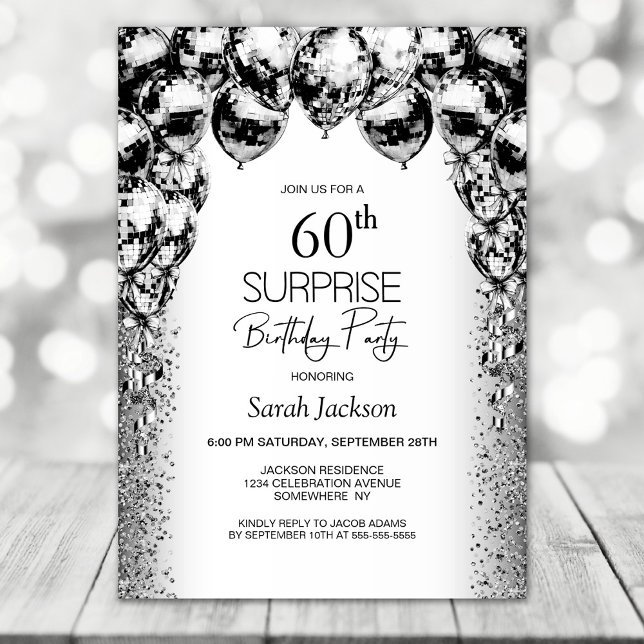 Surprise 60th Birthday Black White Balloons Party Invitation (Creator Uploaded)