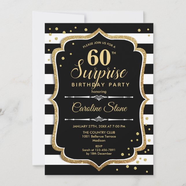 Surprise 60th Birthday - Black White Gold Invitation (Front)