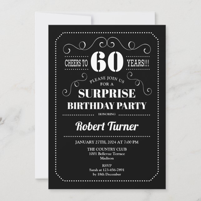 Surprise 60th Birthday - Black White Invitation (Front)