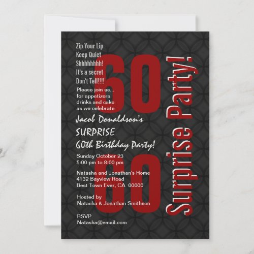 SURPRISE 60th Birthday Black White Red W147 Custom Invitation