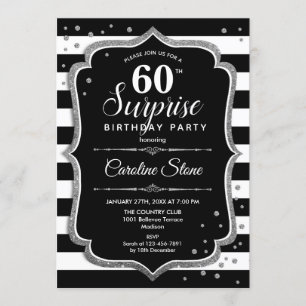Surprise 60th Birthday - Black White Silver Invitation