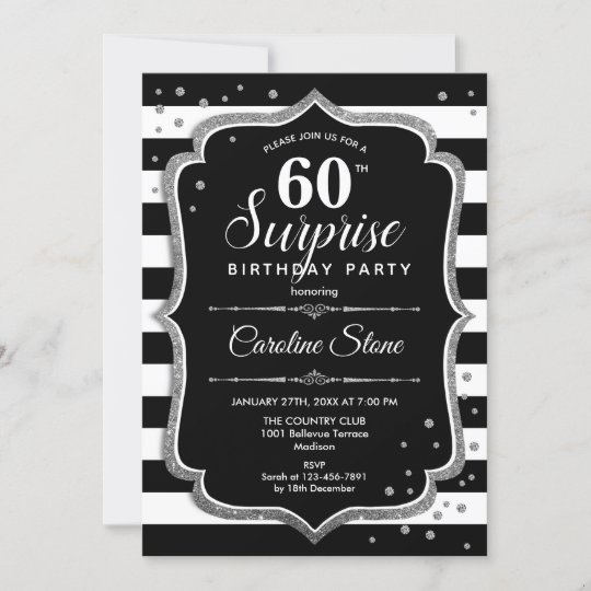 Surprise 60th Birthday - Black White Silver Invitation | Zazzle.com