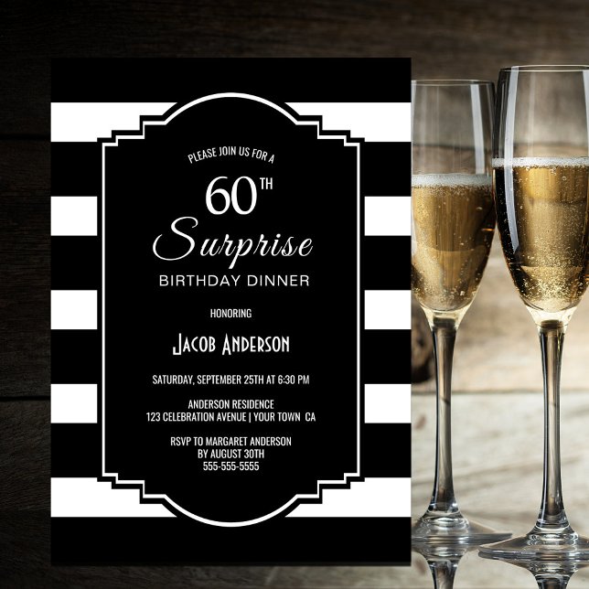 Surprise 60th Birthday Black White Striped Dinner Invitation (Creator Uploaded)