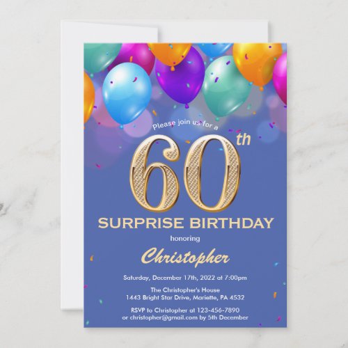 Surprise 60th Birthday Blue and Gold Balloons Invitation