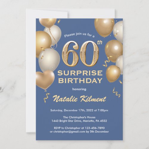 Surprise 60th Birthday Blue and Gold Balloons Invitation