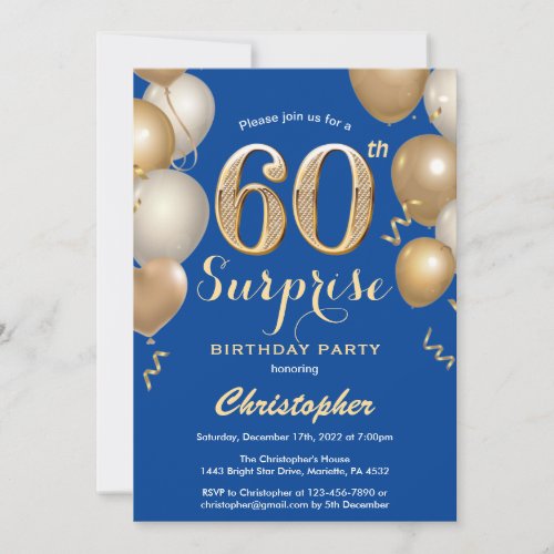 Surprise 60th Birthday Blue and Gold Balloons Invitation