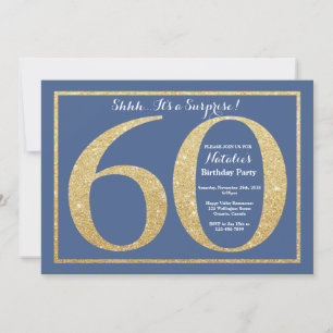 Surprise 60th Birthday Blue and Gold Glitter Invitation