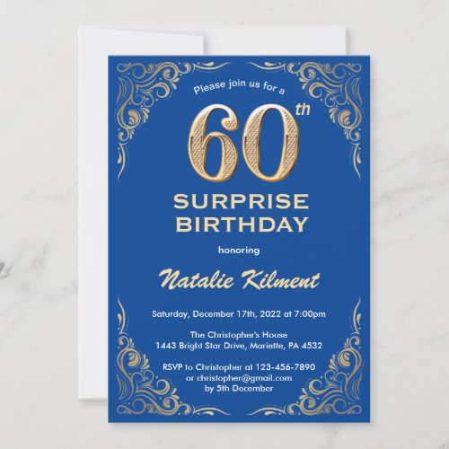 Surprise 60th Birthday Blue and Gold Glitter Invitation