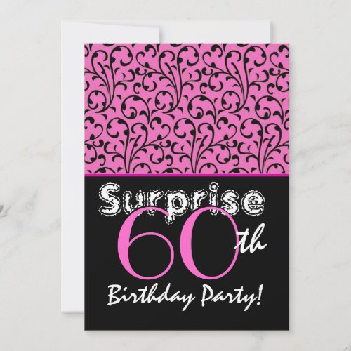 SURPRISE 60th Birthday Bright Pink Black Swirls Invitations