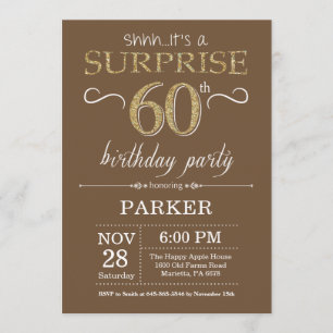 Surprise 60th Birthday Brown and Gold Glitter Invitation
