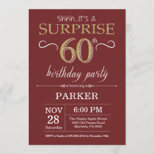 Surprise 60th Birthday Burgundy and Gold Glitter Invitation